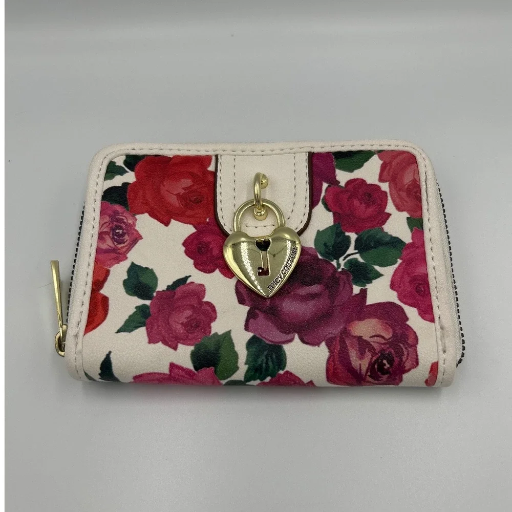 Juicy Couture Floral Rose‎ Bifold Wallet Cream Red Pink Gold Heart Lock Charm